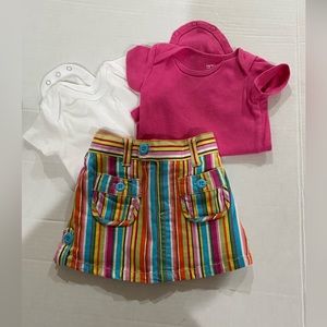 Lot of 3: children’s place rainbow striped skort size 6-9m with 2 bodysuits